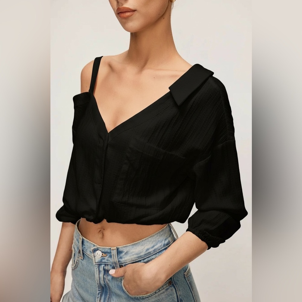 Micas Button Asymmetrical Backless Long-Sleeve Sh… - image 3